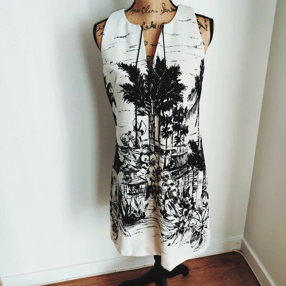 🤍 🌴Black & White len fabric with Palms print dress - Picture 2 of 12